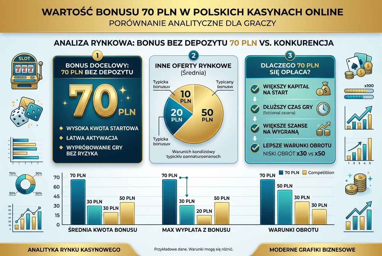Infografika porównująca wysokość bonusu 70 PLN na tle średniej rynkowej w 2026 roku