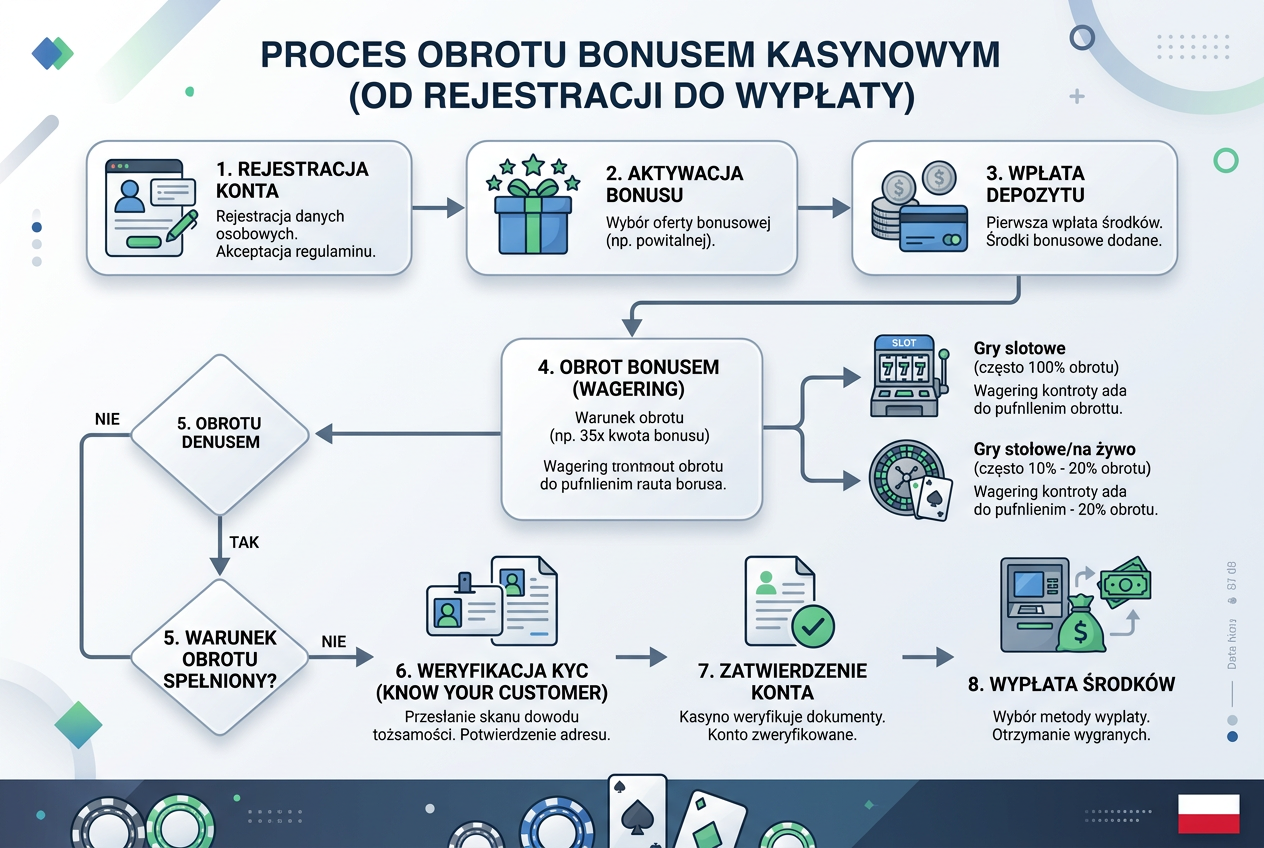 Schemat blokowy wyjaśniający ścieżkę od rejestracji do wypłaty środków z bonusu bez depozytu