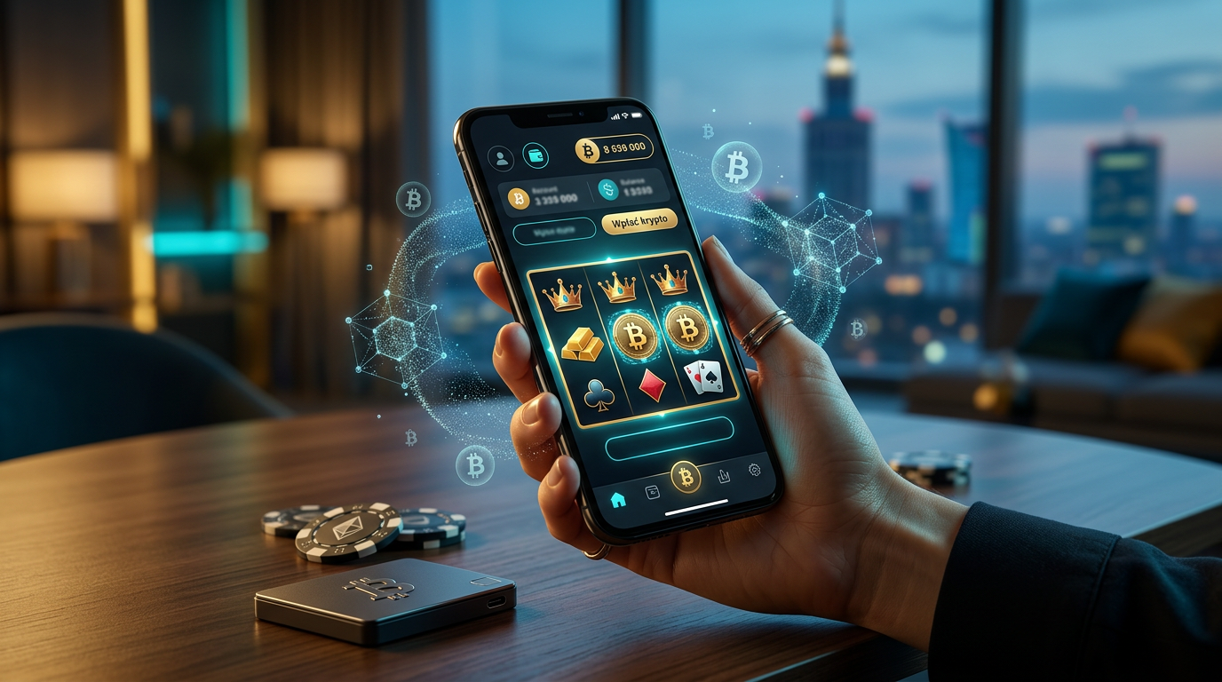Futurystyczne kasyno bitcoin 2026 z elementami blockchain i złotymi monetami BTC
