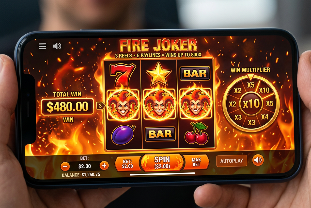 Interfejs automatu do gier Fire Joker w wysokiej rozdzielczości.