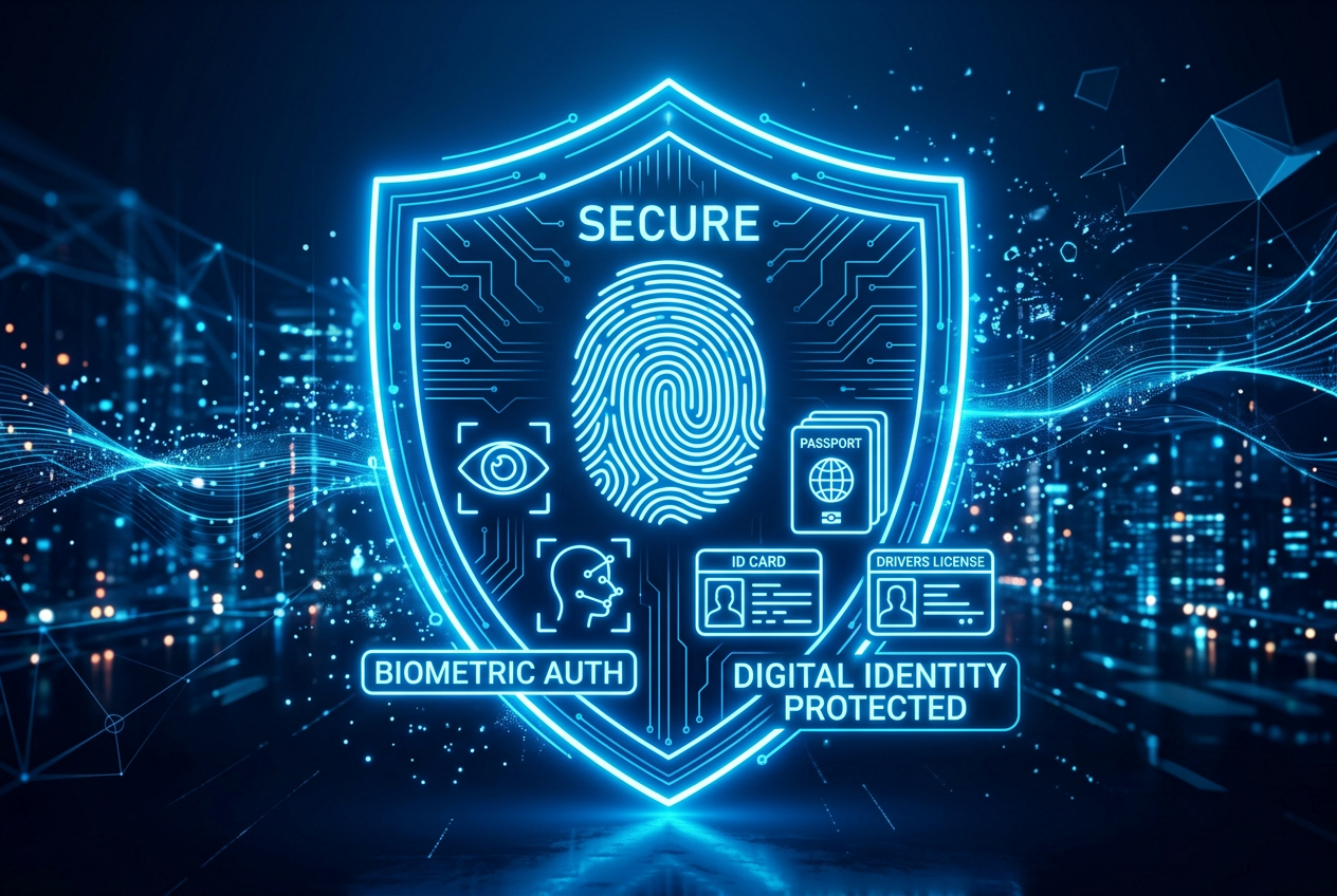 System bezpieczeństwa z ikonami biometrycznymi i dokumentami tożsamości