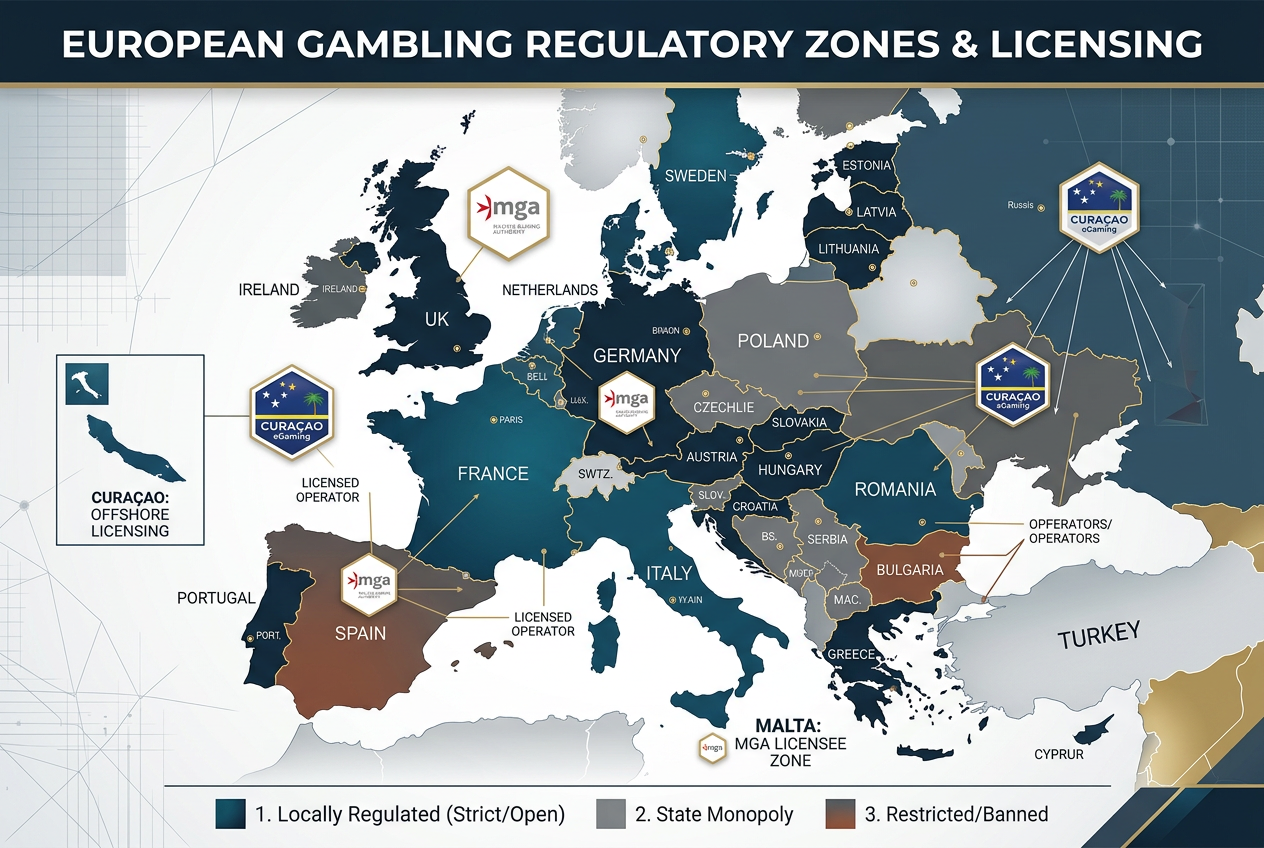 Mapa jurysdykcji hazardowych w Europie z logotypami organów regulacyjnych MGA i Curacao