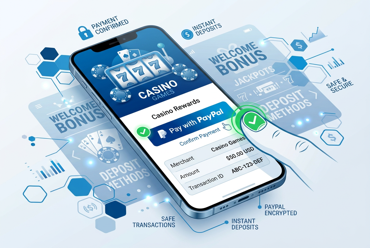 Infografika przedstawiająca proces autoryzacji depozytu PayPal w aplikacji mobilnej kasyna.