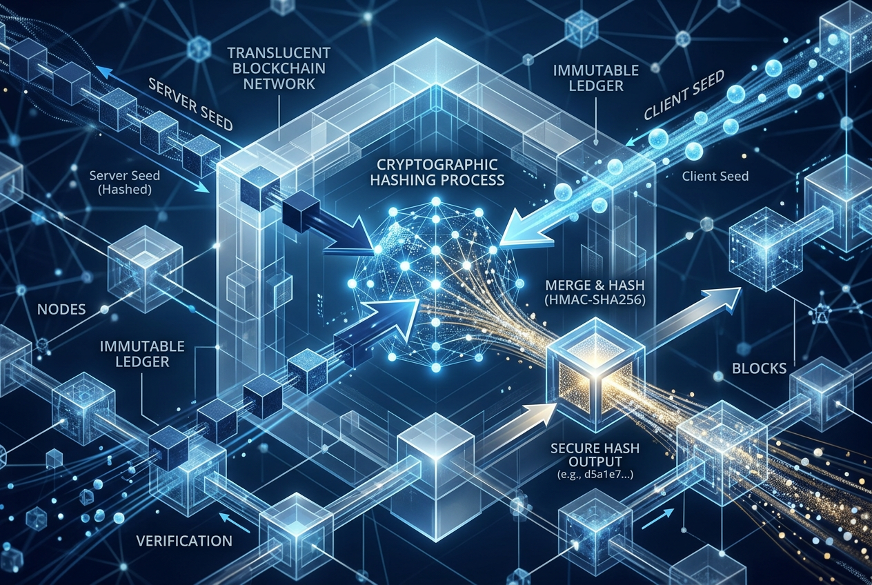 Diagram technologiczny algorytmu Provably Fair w kasynie krypto