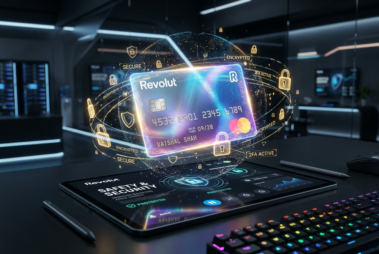 Wirtualna karta Revolut z symbolami bezpieczeństwa cyfrowego