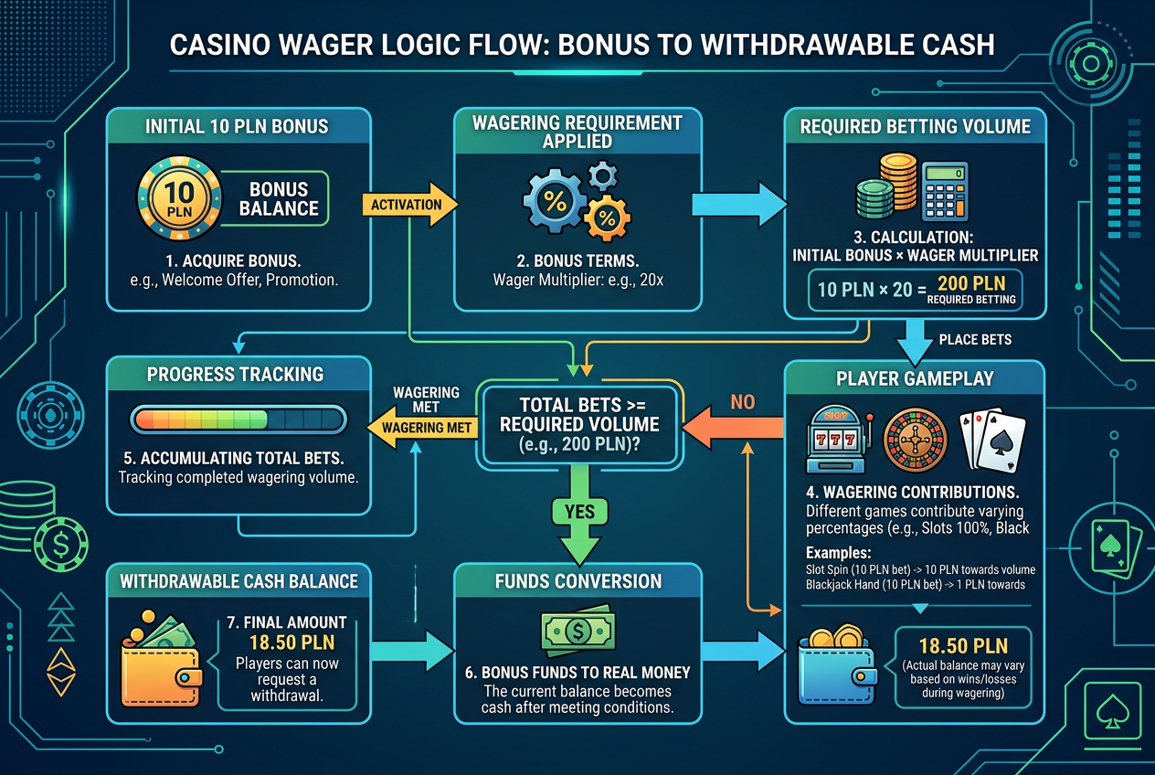 Schemat graficzny wyjaśniający matematykę wymogu obrotu (wager) dla bonusu 10 PLN w kasynie online